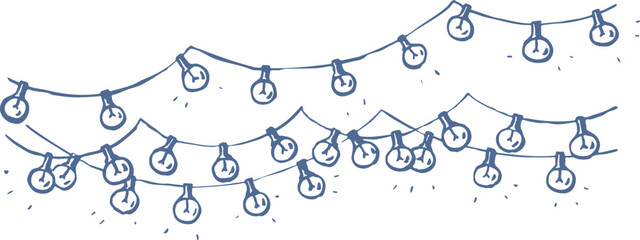 Fototapeta premium Hand drawn festive string lights in simple blue line art style. Minimal decorative vector illustration with glowing bulbs. Cozy, party, coastal lifestyle graphic.
