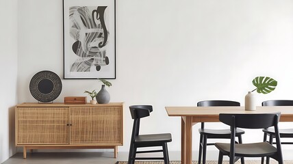 A modern minimalist interior design scene featuring a dining area with a wooden table and chairs