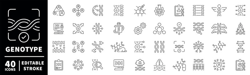 Genotype icons set: editable line icons, linear style dna and genome symbols