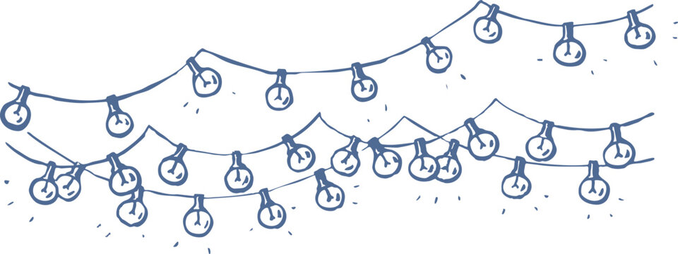 Hand drawn festive string lights in simple blue line art style. Minimal decorative vector illustration with glowing bulbs. Cozy, party, coastal lifestyle graphic.