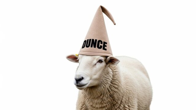 sheep wearing a dunce cap hat, dim, dumb, stupid, on a white background, animal photo