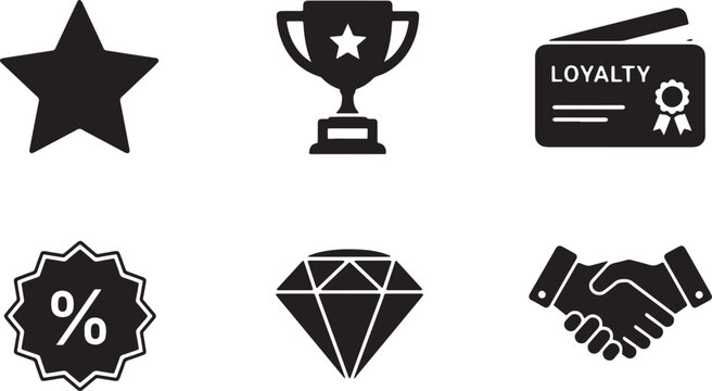 Black Solid Loyalty and Reward Program Silhouettes Set of Six on White Background