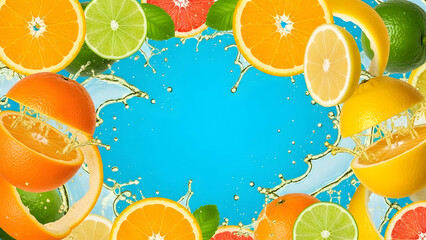 Fresh citrus fruits (orange, lemon, lime) bursting with juice splash, bright turquoise background, copy space center, ultra-realistic macro detail, refreshing summer food concept