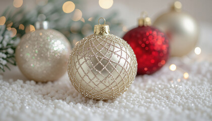 Christmas ornaments in festive arrangement on soft background  