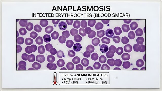 Microscopic view of anaplasmosis infected erythrocytes in a blood smear with fever and anemia indicators displayed below