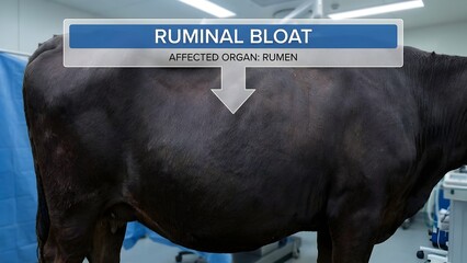 Veterinary pathology of ruminal bloat in a cow showing a distended abdomen and medical equipment in a clinic
