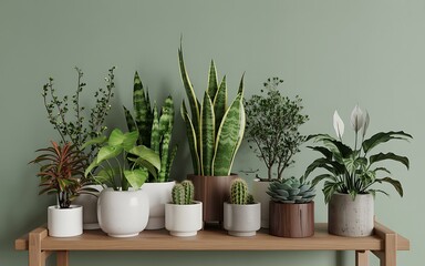 A serene indoor setting featuring a collection of potted plants on a wooden table against a soft green wall