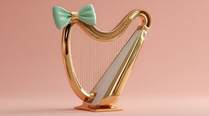 A golden harp with a mint green bow against a soft pink background