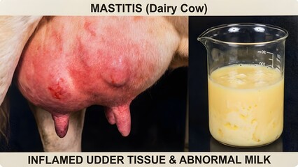 Veterinary pathology image showing inflamed udder tissue of a dairy cow with mastitis alongside a beaker of abnormal milk