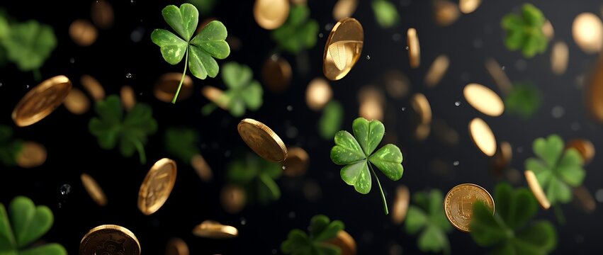 Falling clovers and gold coins create a lucky celebratory and prosperous scene
