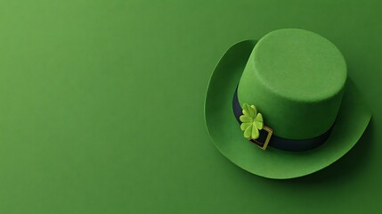 A vibrant green leprechaun hat and clover on a textured green background