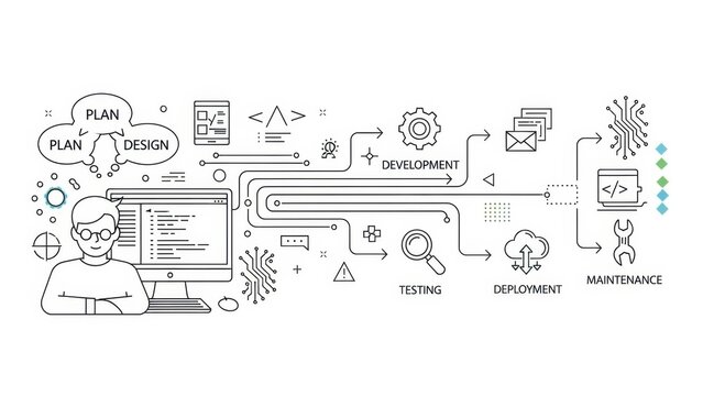 Programmer working on computer, coding, data flow, cloud computing, artificial intelligence, and network diagram