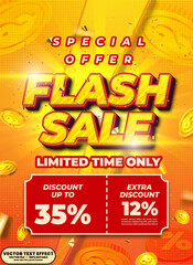 Special offer flash sale limited time only discount up to 35% off 3d editable vector text effect template. Editable 3d flash sale typography design for deal announcement, and e-commerce.