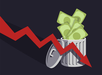 Inflation and financial loss concept with money thrown into trash