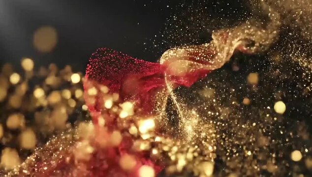 Elegant Christmas tree decorations with gold and red ornaments on a festive red background