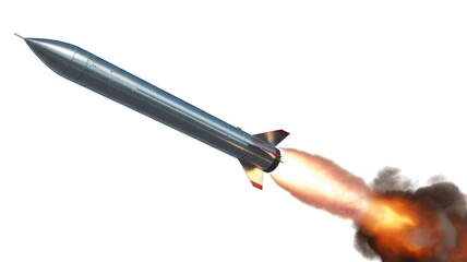 Silver rocket with flames and smoke launch isolated on a transparent background