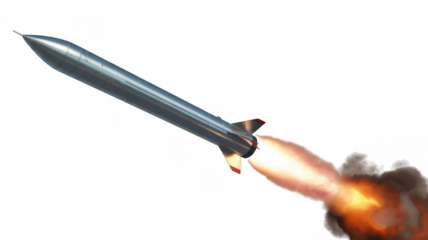 Silver rocket with flames and smoke launch isolated on a transparent background