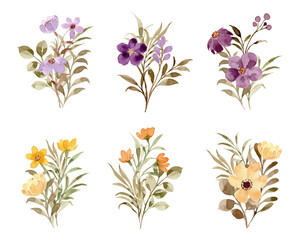 Watercolor Yellow Purple Floral Bouquet Collection
