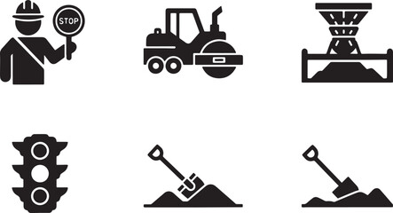 Black Solid Road and Infrastructure Work Silhouettes Set of Six on White Background
