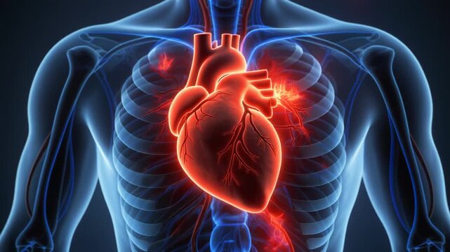 Anatomical illustration of a human heart beating within a transparent torso.