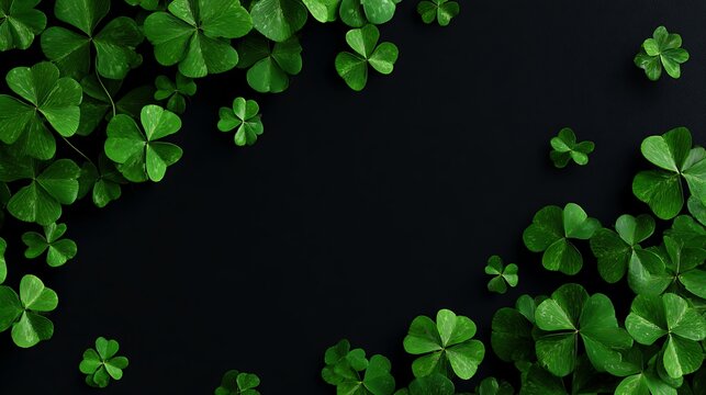 A dark background adorned with vibrant green four leaf clovers arranged artfully