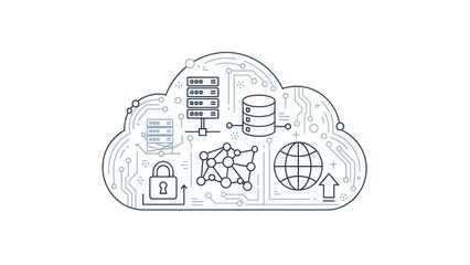 Cloud Computing Technology: Data Storage, Security, Network, and Global Connectivity Icons