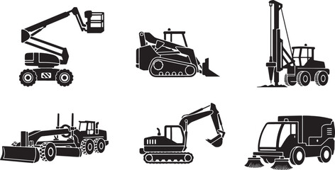 Black Solid Specialized Construction Vehicles Silhouettes Set of Six © AADIL