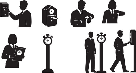 Black Solid Time Clock Punch Silhouettes Set of Six on White Background