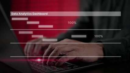 Hands typing on laptop with data analytics dashboard and progress bars. Concept for project management, business intelligence, digital workflow, and real-time statistics monitoring. - Powered by Adobe