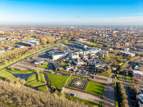 Aerial view of Antonius Hospital and helipad in Sneek Netherlands