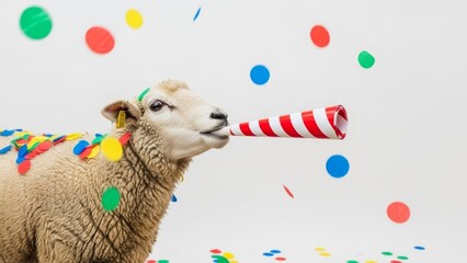 sheep with a party noise maker in it's mouth, celebration, fun, on a white background, animal photo, blowing