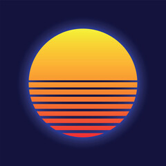 Retro sunset icon with neon glow on dark background