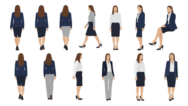 Comprehensive set of flat vector illustrations featuring a business woman character in various standing, walking, and sitting poses, wearing formal office attire and carrying a bag, ideal for corporat