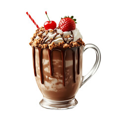 Decadent Chocolate Milkshake with Whipped Cream and Berries on a transparent background