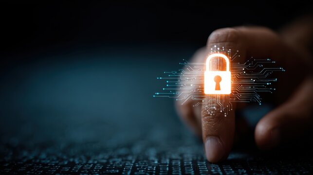 Futuristic visualization of the fight against data leak, human hands interact with a holographic lock like, concept of information security, blurred cyber background - Powered by Adobe