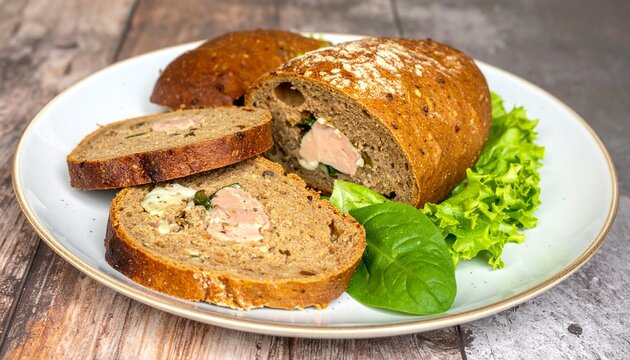 Finnischer Kalakukko, traditioneller Fischkuchen aus Roggenteig, serviert auf einem Teller mit frischem Salat. 