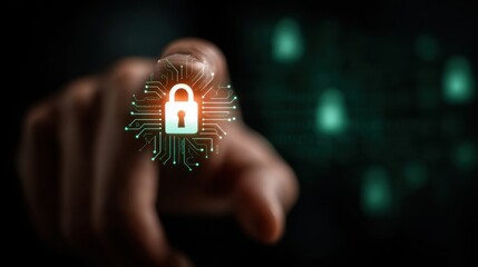 Futuristic visualization of the fight against data leak, human hands interact with a holographic lock like, concept of information security, blurred cyber background