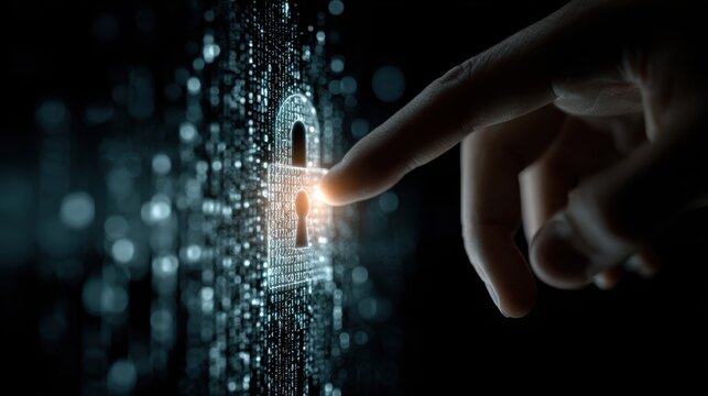 Futuristic visualization of the fight against data leak, human hands interact with a holographic lock like, concept of information security, blurred cyber background - Powered by Adobe