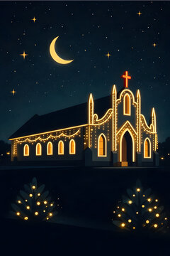 Retro mid-century Christmas church illustration with festive lights under glowing stars