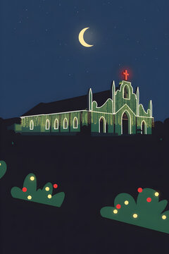Retro mid-century Christmas church illustration with festive lights glowing in the night - Dark green