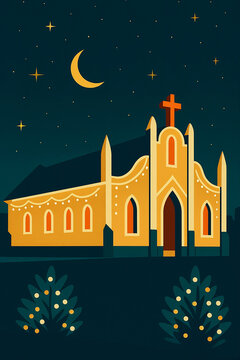 Retro mid-century Christmas church illustration with festive lights under starry night - Warm golden