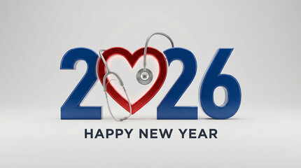 Happy New Year 2026: 3D render of the year featuring a heart and stethoscope, symbolizing health, medical care, and well-being for the upcoming year