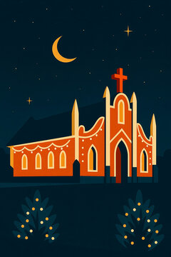 Retro mid-century Christmas church illustration with festive lights at night - Dark blue and orange