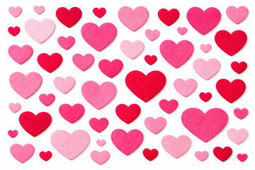 Felt 3D textured pink and red hearts arranged isolated on a white background. Valentine's Day holiday banner.