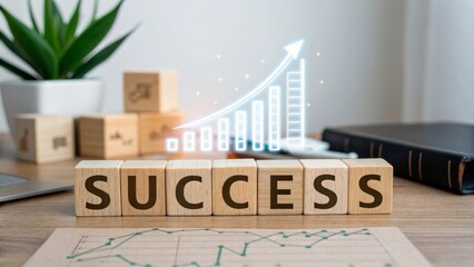 Business growth success with holographic bar chart and wooden cubes on table clean minimal background