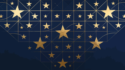 Golden stars on blue grid pattern