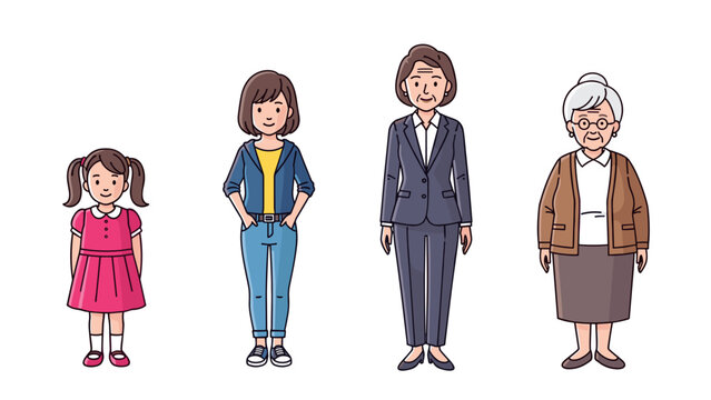 Four Generations Family Illustration in Casual and Formal Attire