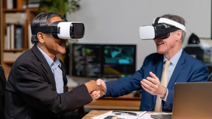 Two business professionals shake hands while wearing virtual reality headsets, showcasing a blend of technology and collaboration in a modern office setting.