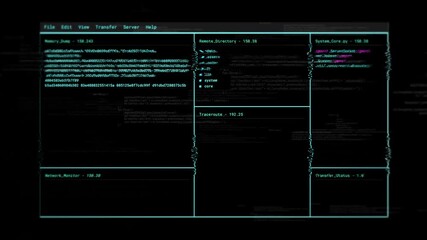 Interactive hacker terminal interface with code editor network monitoring and data transfer display - Powered by Adobe
