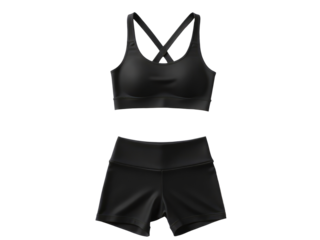 A woman wearing a sports bra and shorts for exercise or fitness